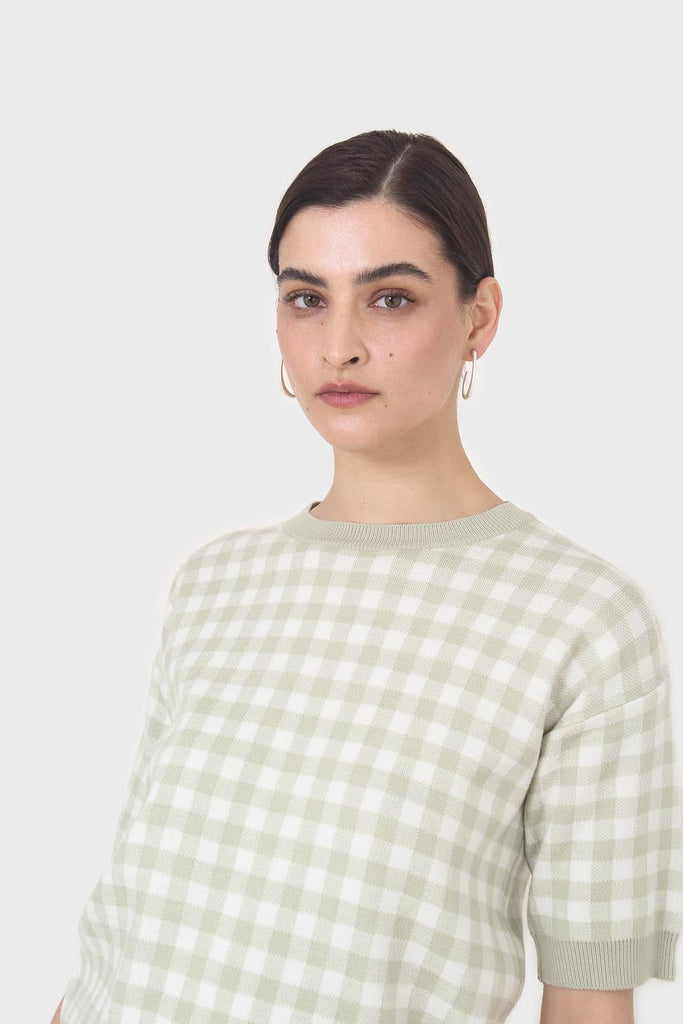 Green and ivory gingham check knit top_8