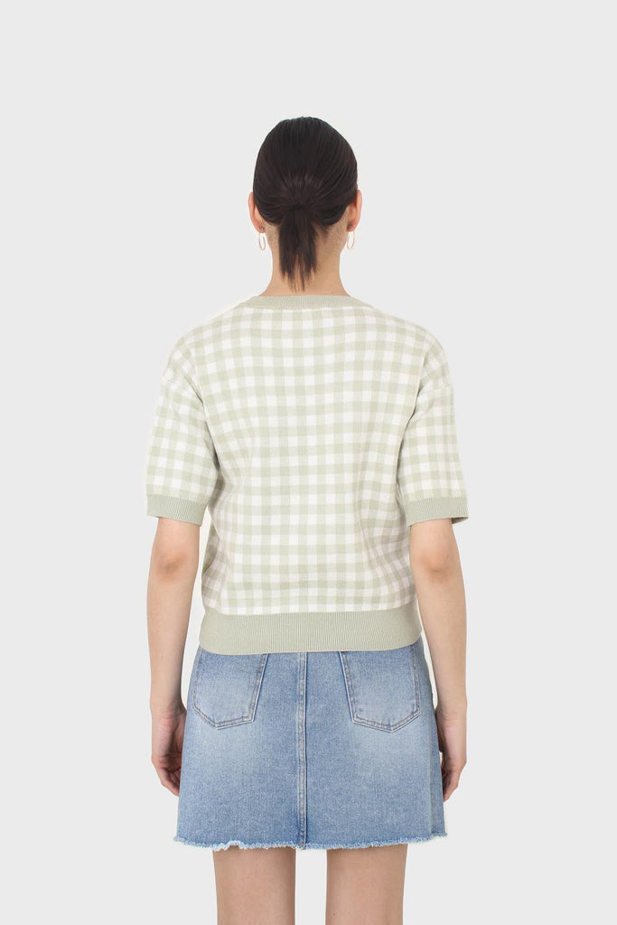 Green and ivory gingham check knit top_2