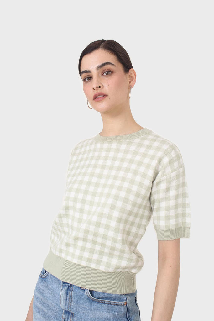 Green and ivory gingham check knit top_9