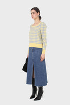 Yellow and blue checked knit top_3