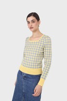 Yellow and blue checked knit top_7