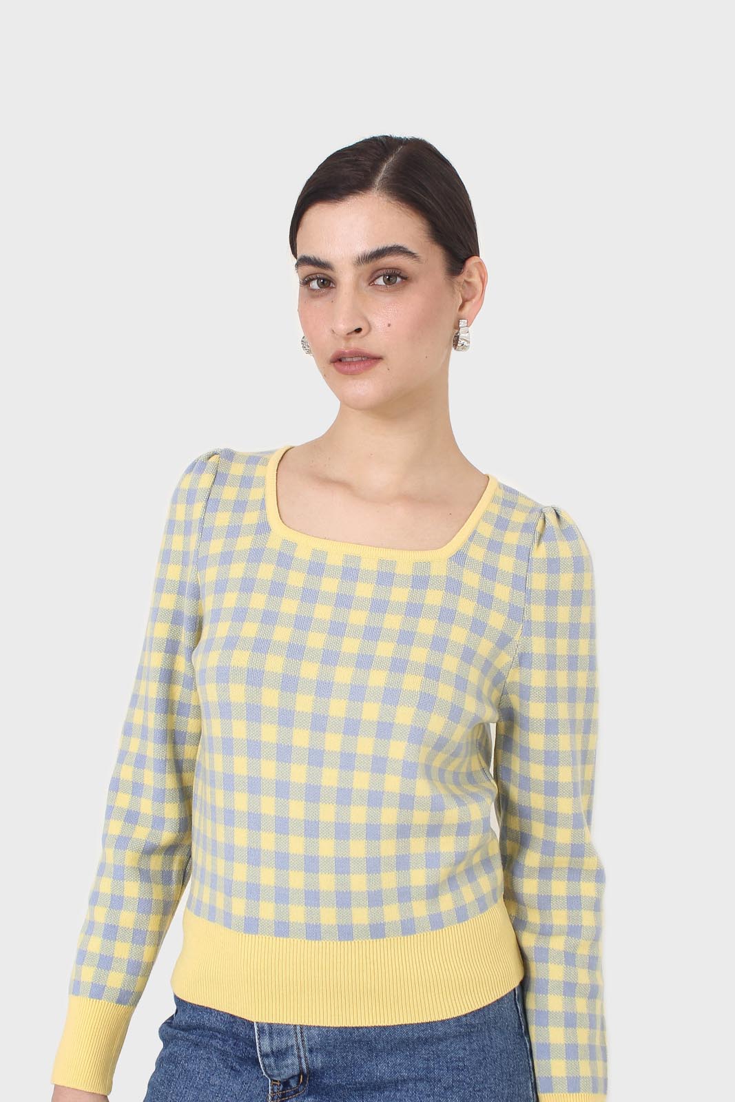 Yellow and blue checked knit top_1