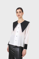 Ivory and black oversized pointed collar blouse_6