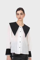 Ivory and black oversized pointed collar blouse_1