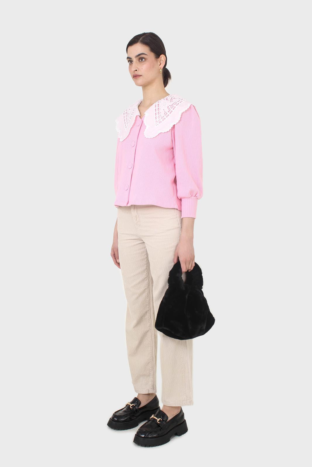 Pink and ivory detachable lace collar cardigan_4