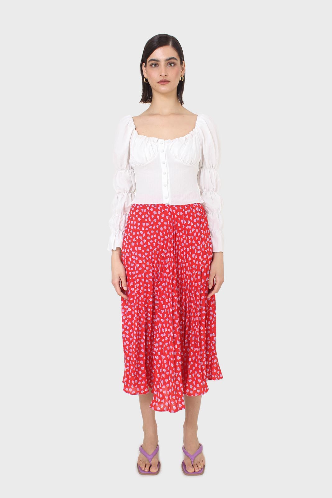 Red and pink heart print pleated midi skirt_11