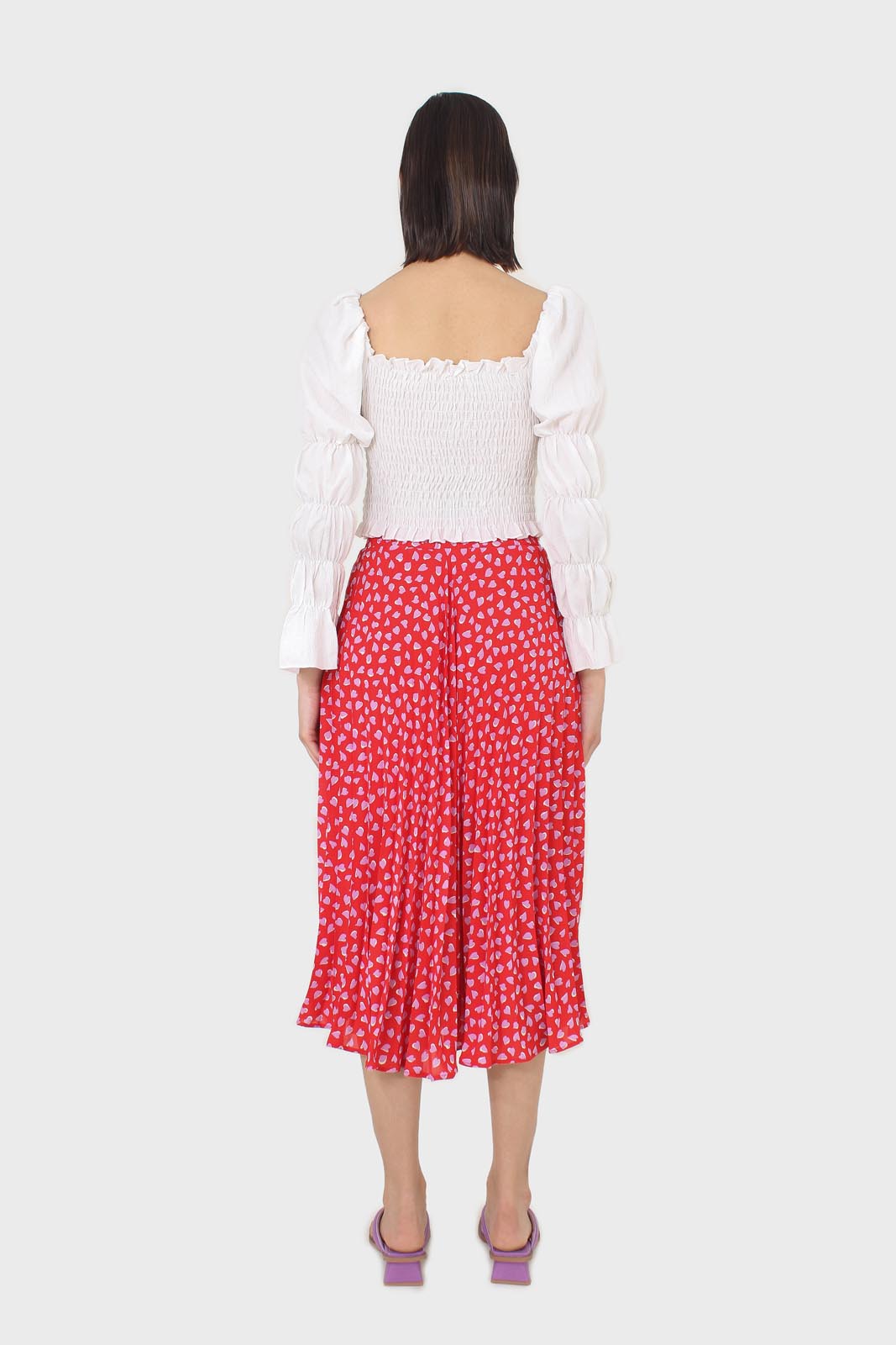 Red and pink heart print pleated midi skirt_13