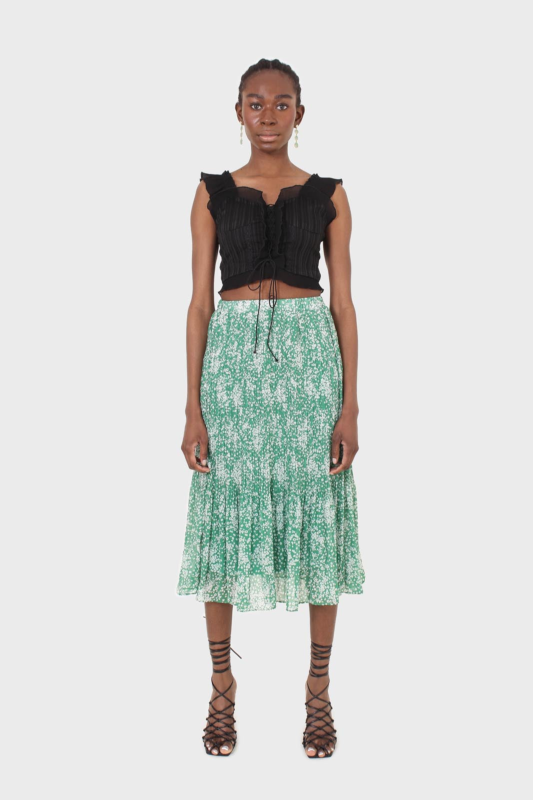 Green and white printed pleated midi skirt_2
