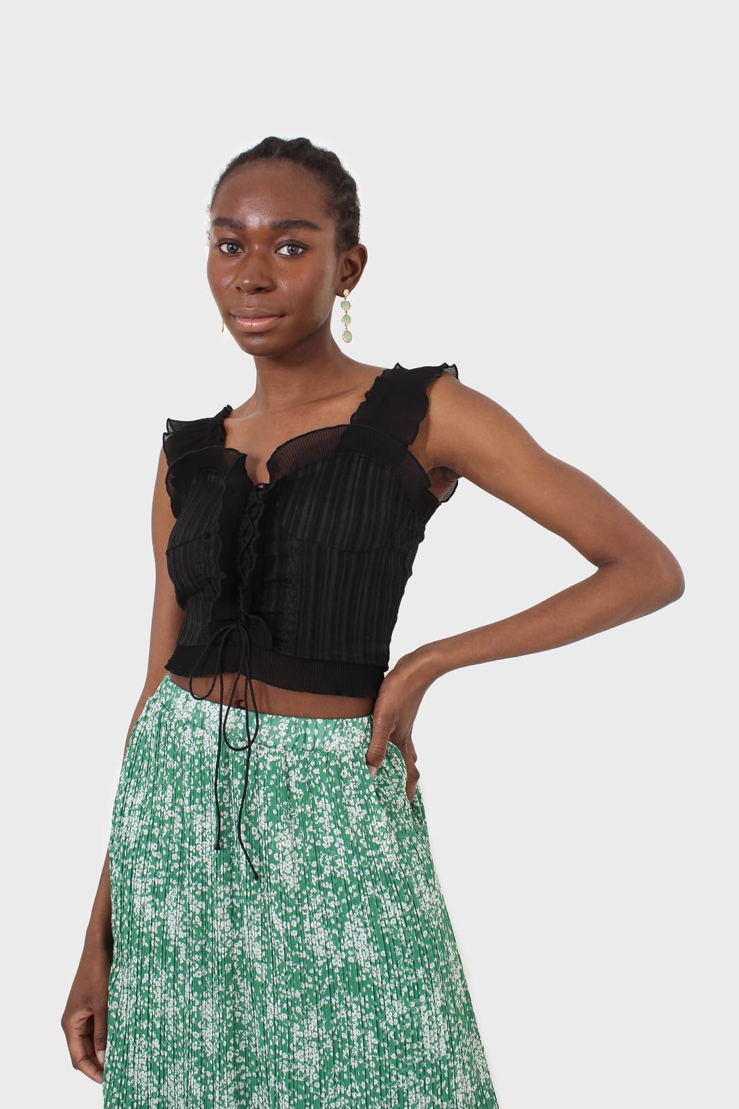 Green and white printed pleated midi skirt_6