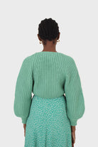 Green cross over balloon sleeve sweater_2