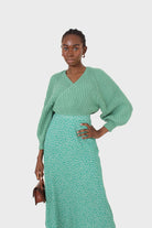 Green cross over balloon sleeve sweater_9