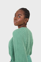 Green cross over balloon sleeve sweater_10