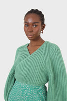 Green cross over balloon sleeve sweater_6