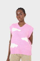 Pink and white intarsia cloud wool blend vest_6
