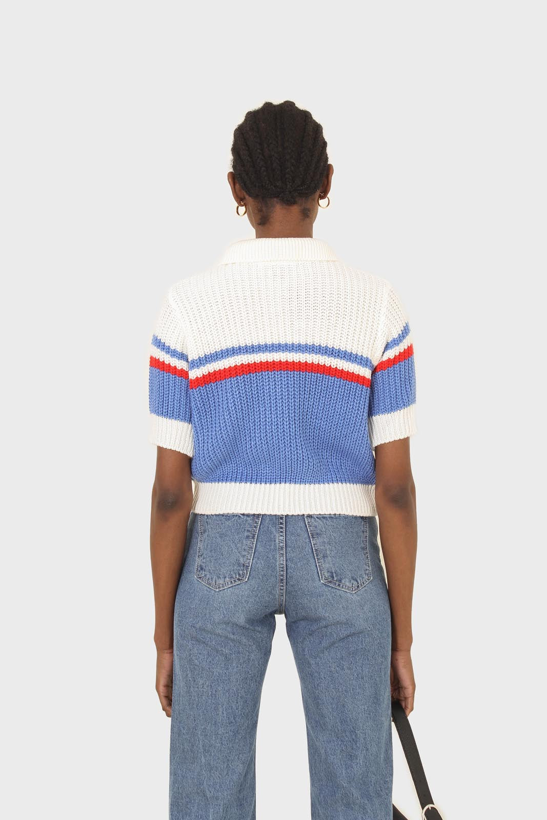 Blue and ivory polo short sleeve knit top_2
