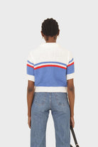 Blue and ivory polo short sleeve knit top_2
