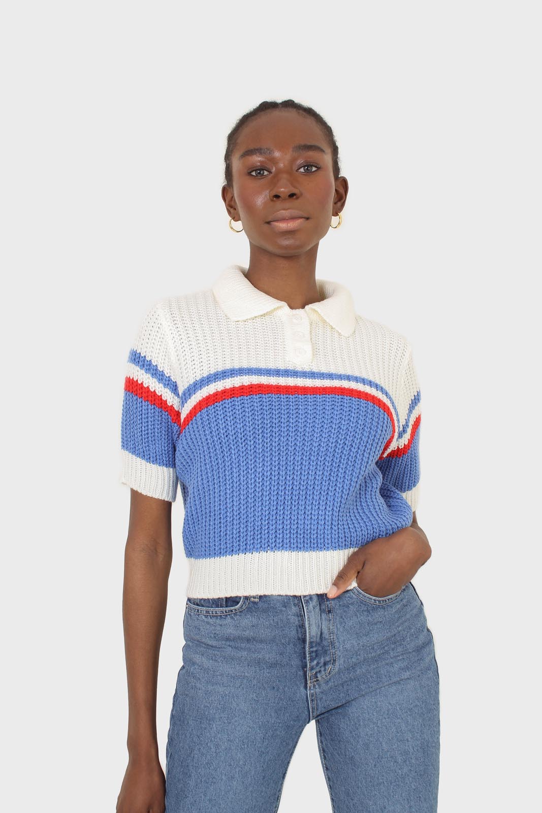 Blue and ivory polo short sleeve knit top_1