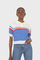 Blue and ivory polo short sleeve knit top_1