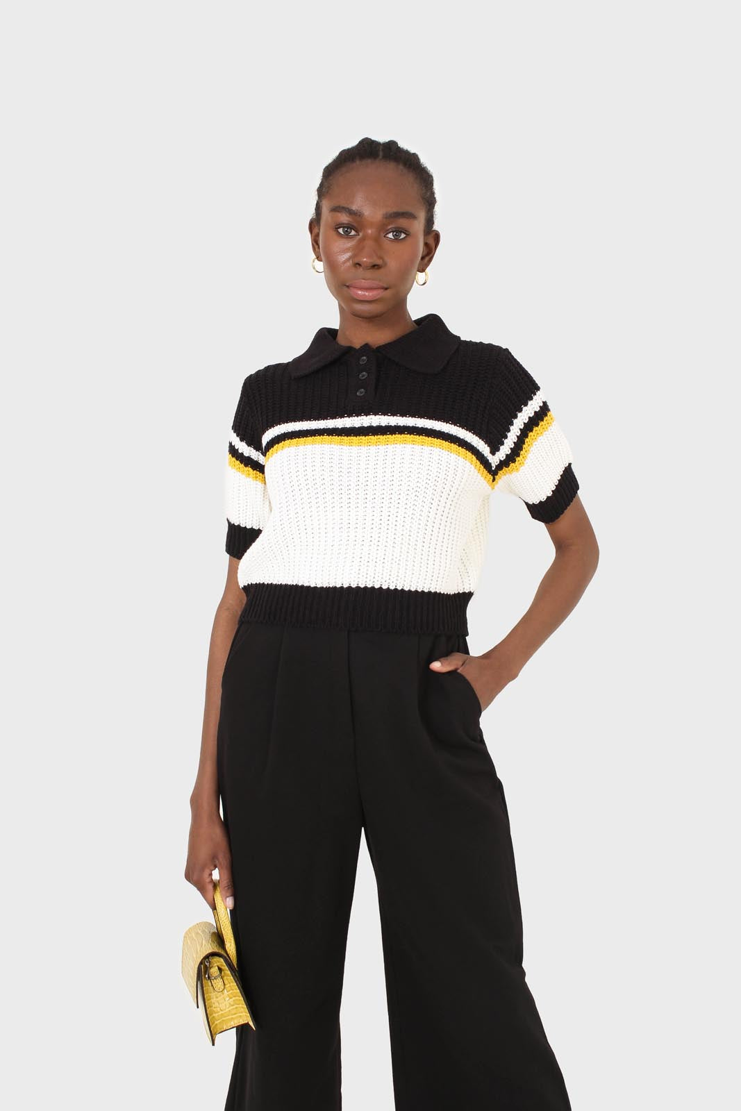 Black and ivory polo short sleeve knit top_8