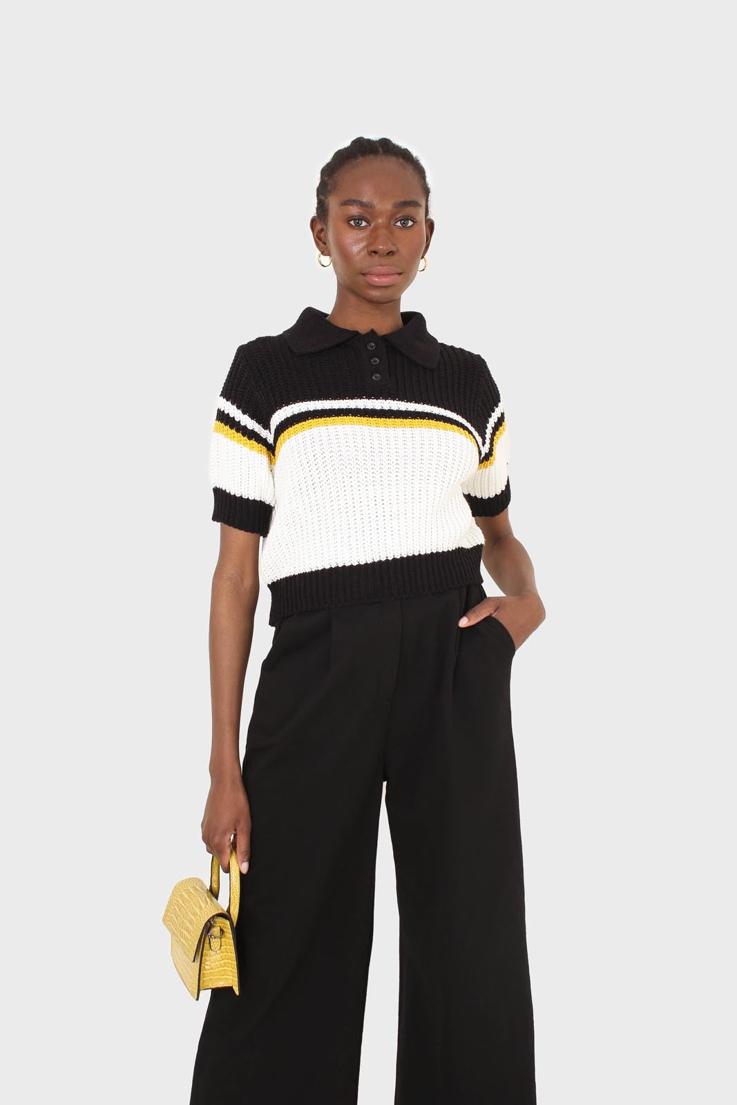 Black and ivory polo short sleeve knit top_3