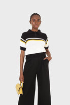 Black and ivory polo short sleeve knit top_3