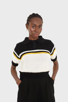 Black and ivory polo short sleeve knit top_9