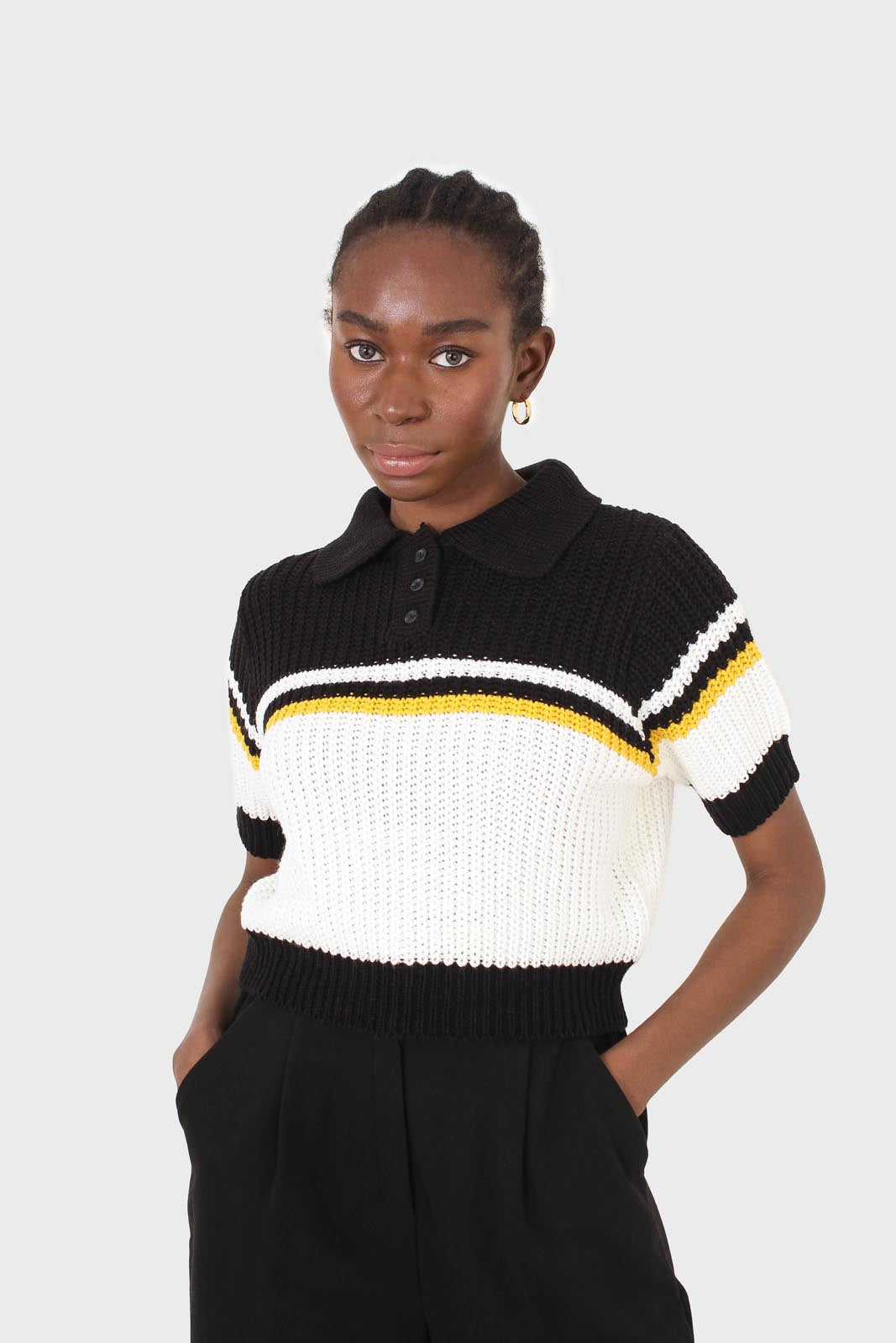 Black and ivory polo short sleeve knit top_1