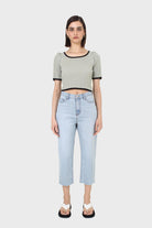 Mint and black binding puff sleeve knit top_6