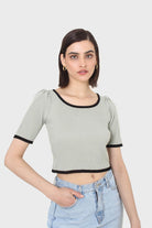 Mint and black binding puff sleeve knit top_4