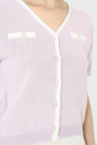 Lilac short sleeved button front knit top_2