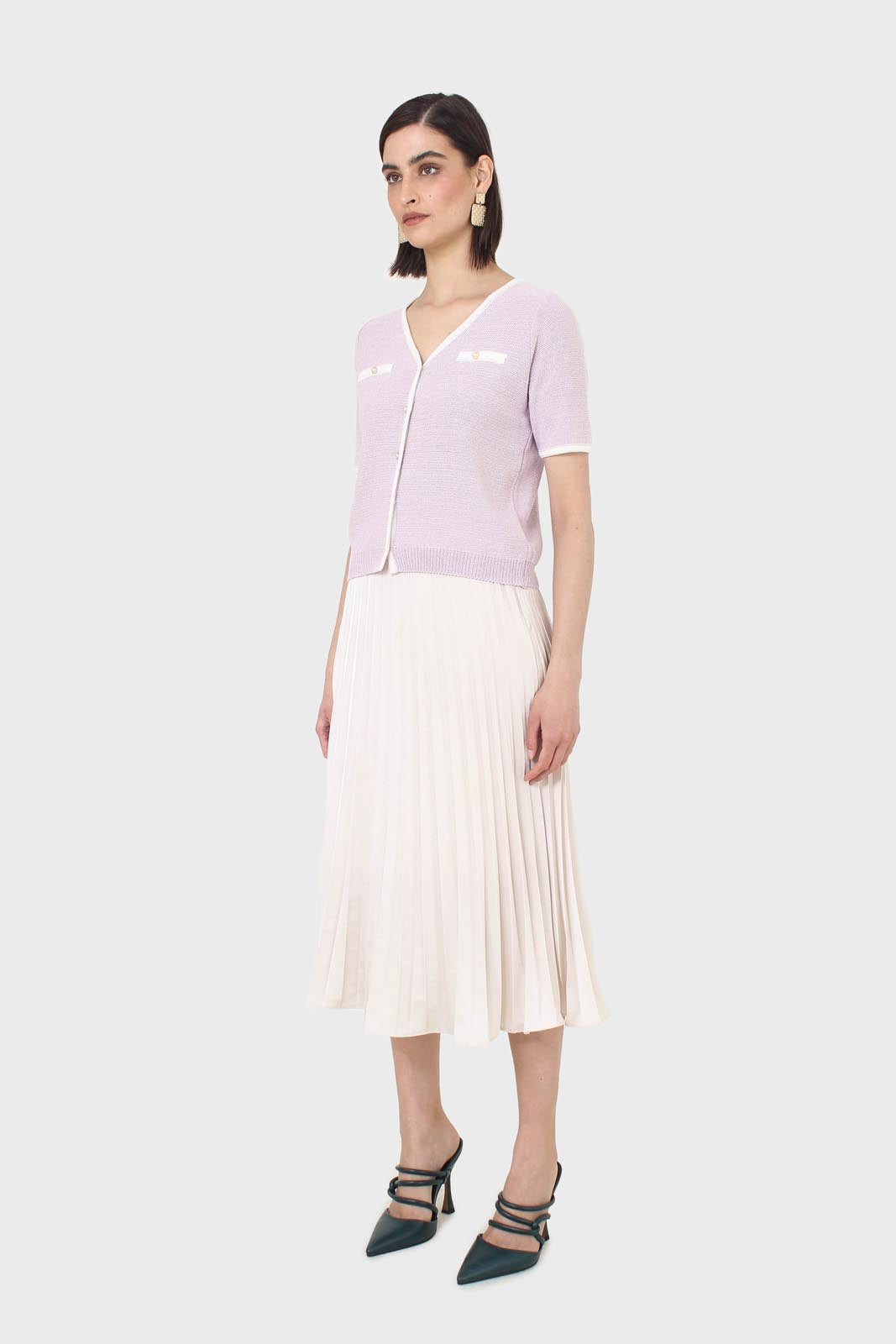 Lilac short sleeved button front knit top_5