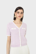 Lilac short sleeved button front knit top_7