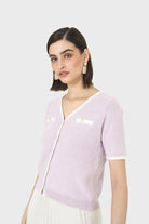 Lilac short sleeved button front knit top_8