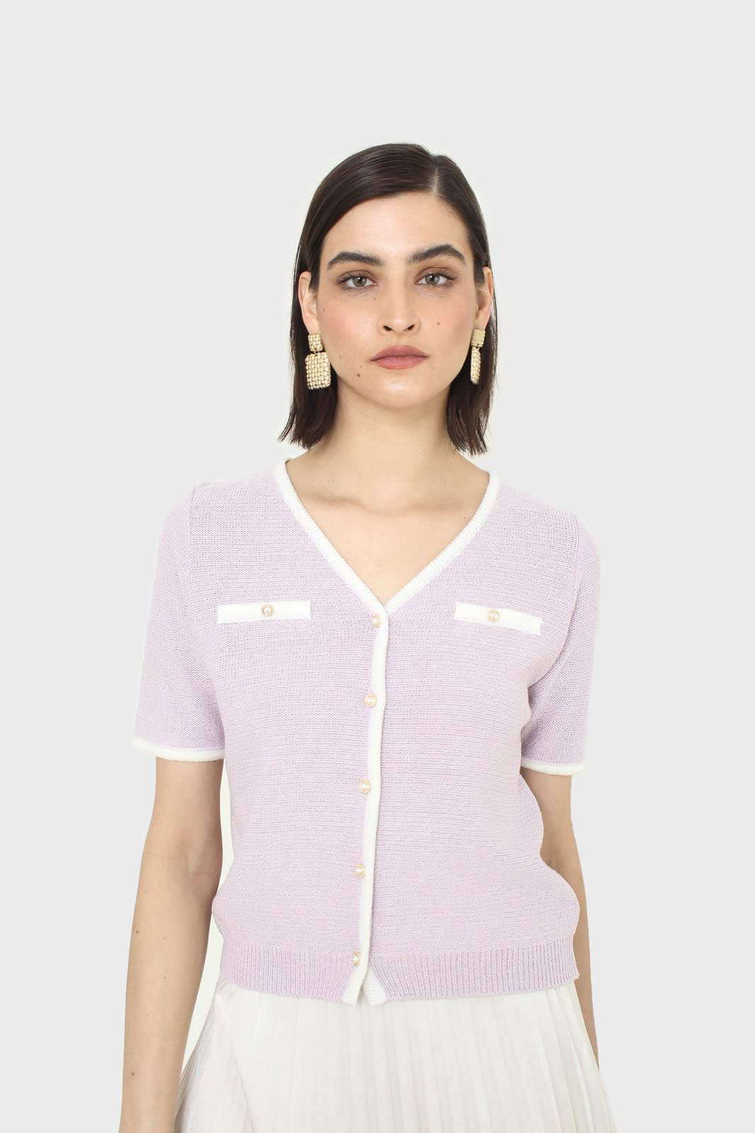 Lilac short sleeved button front knit top_3