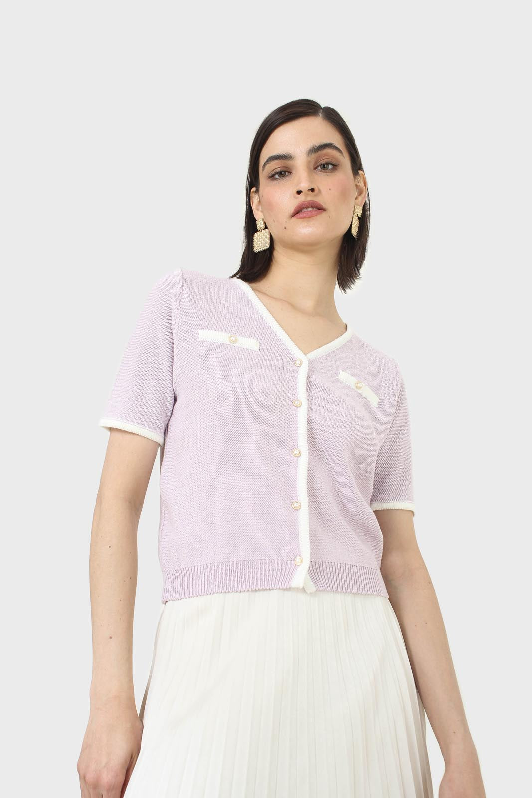 Lilac short sleeved button front knit top_9