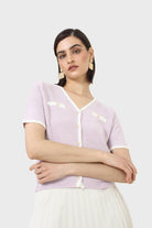 Lilac short sleeved button front knit top_10