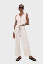 Oatmeal elasticated waist tie front linen trousers_2