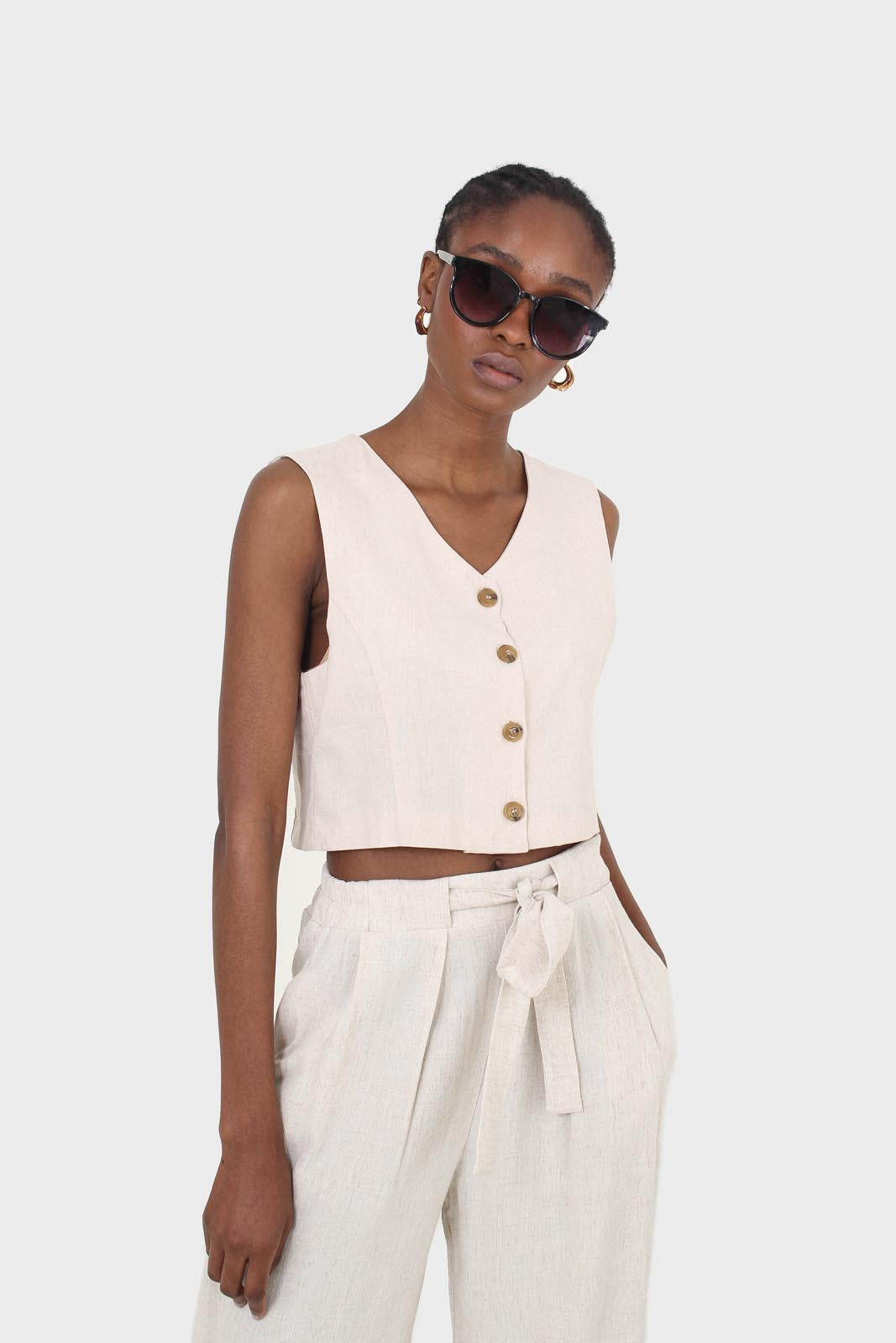 Oatmeal elasticated waist tie front linen trousers_7