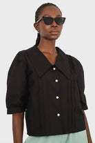 Black large collar pleated 3/4 sleeve pearl button blouse_6