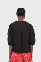 Black large collar pleated 3/4 sleeve pearl button blouse_13