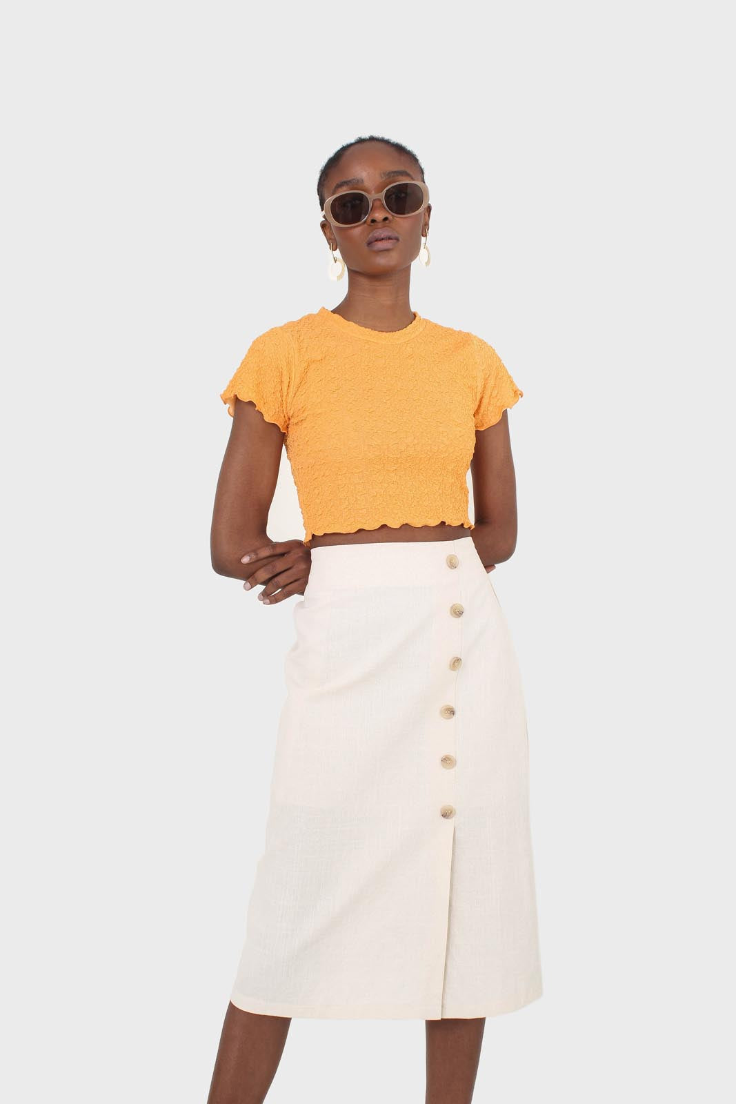 Ivory faux side button midi skirt_7