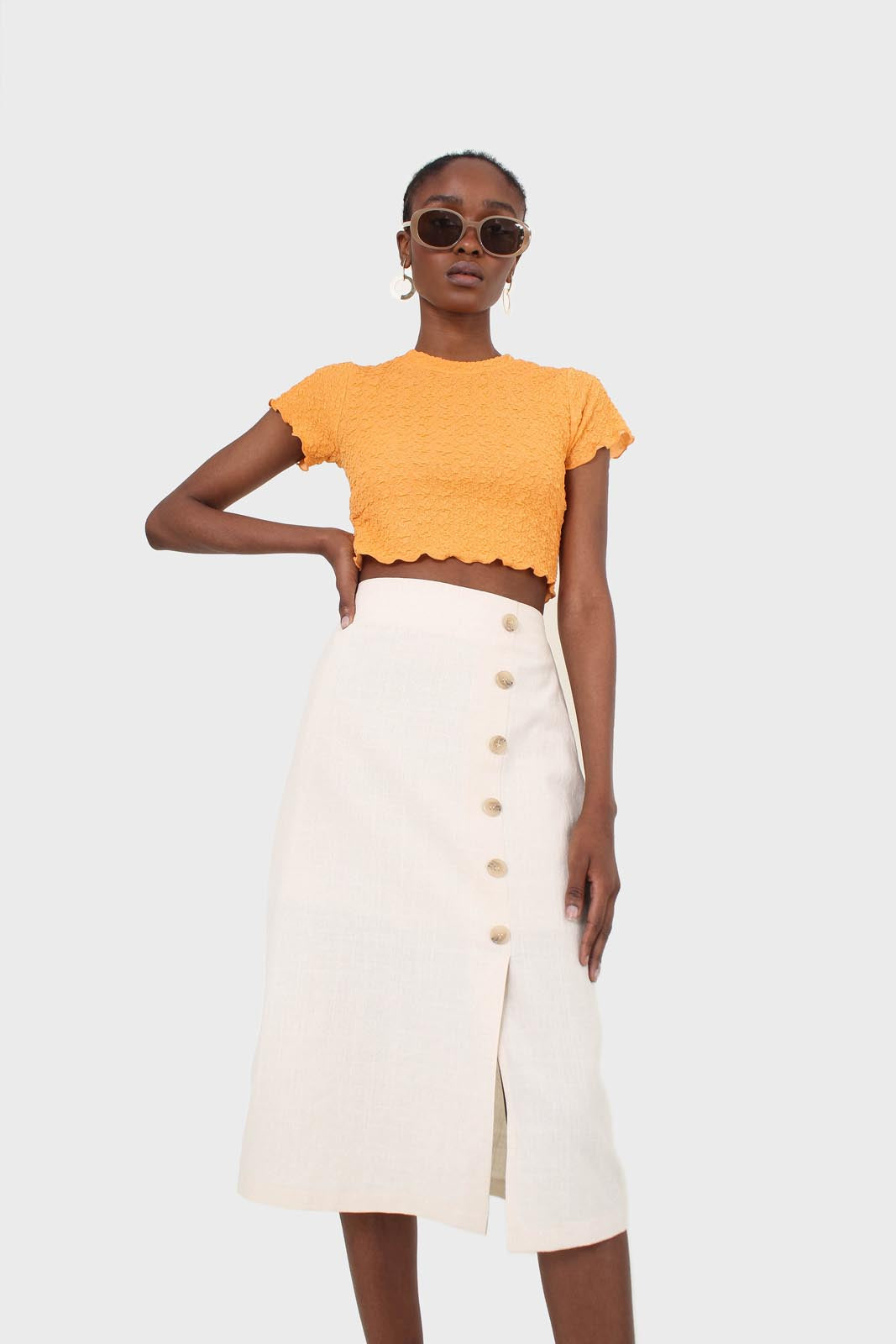 Ivory faux side button midi skirt_9