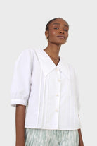 Ivory large collar pleated 3/4 sleeve pearl button blouse_7