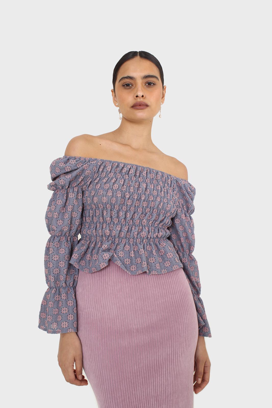 Blue and pink floral print ruched long sleeved top_5