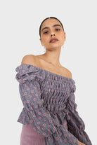 Blue and pink floral print ruched long sleeved top_4