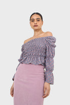 Blue and pink floral print ruched long sleeved top_6