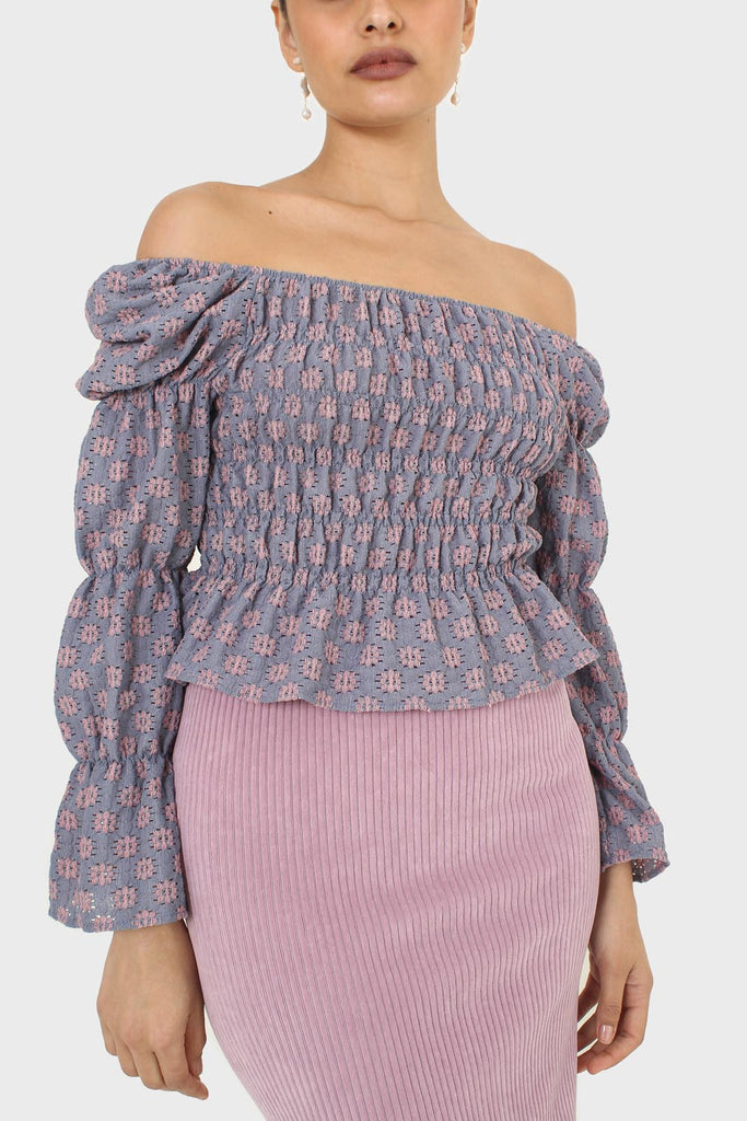 Blue and pink floral print ruched long sleeved top_7
