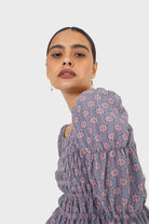 Blue and pink floral print ruched long sleeved top_8