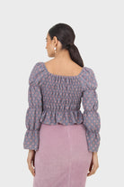 Blue and pink floral print ruched long sleeved top_2