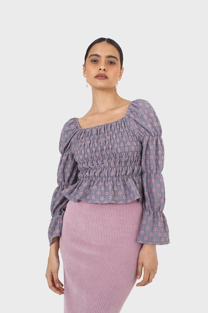 Blue and pink floral print ruched long sleeved top_1